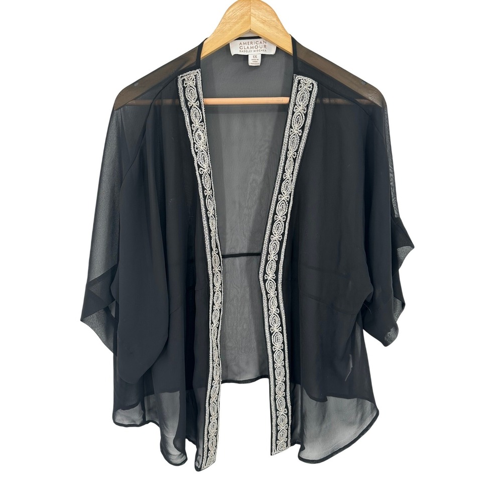 American Glamour Badgley Mischka Sheer Beaded Kimono Cardigan Womens 1X Glam